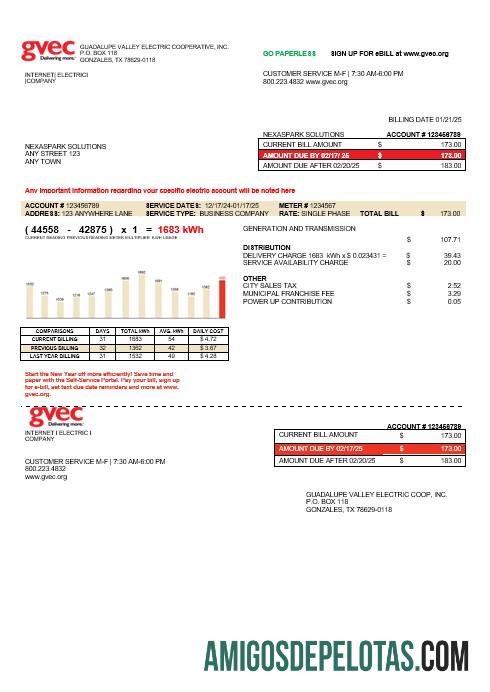 Para baixar modelo de conta de serviços públicos GVEC dos EUA Texas em formatos Word e PDF